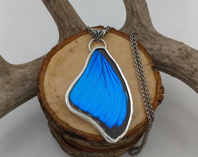 Silver "Le Papillon" Blue Morpho Butterfly Wing Pendant