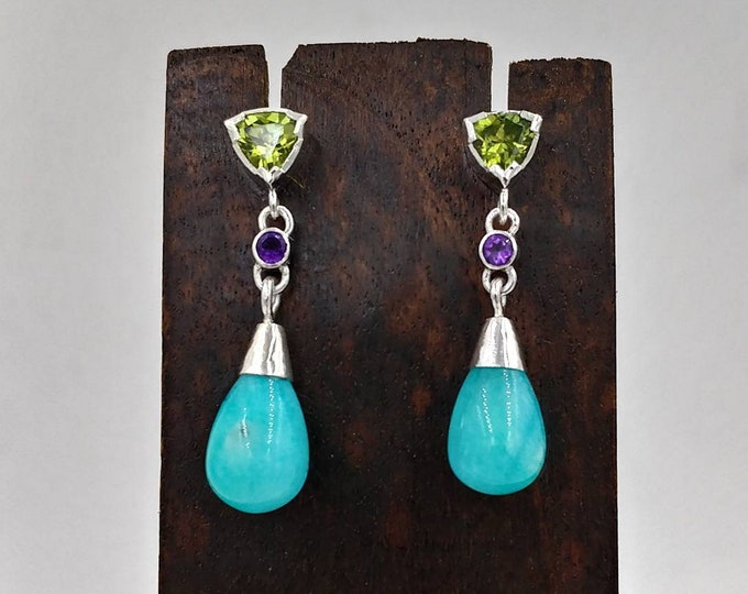 Peridot trillion, amethyst and amazonite drop earrings