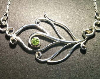 Silver Peacock Feather Necklace With Peridot
