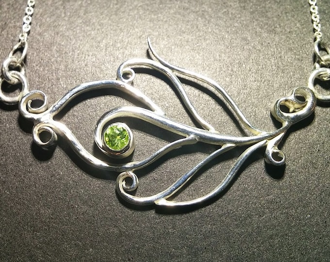 Silver Peacock Feather Necklace With Peridot