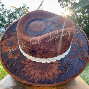 Sunflower Wide Brim Rancher Hat-Tobacco with Sunflowers- Brim Fedora-Womens Hat-Vegan Suede-Custom Western Hat-Cowboy Hat-Hand Burned-Birds