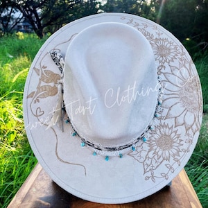 Love Bird Wide Brim Rancher Hat-Ivory with Sunflowers-Wide Brim Fedora-Hats For Women-Vegan Suede-Custom Western Hat-Cowboy Hat-Hand Burned
