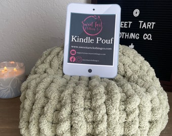 Kindle Pouf- Sage Green- Extra Large- Fluffy- Book Pillow- Hand Knitted- Squishy- Bookish- Gift- Character Pouf- Chunky Knit