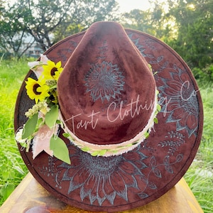 Sunflower Wide Brim Rancher Hat-Chocolate Brown-Sunflowers- Brim Fedora-Womens Hat-Vegan Suede-Custom Western Hat-Cowboy Hat-Hand Burned