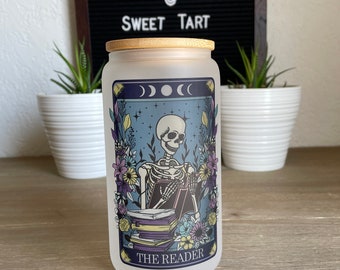 The Reader-Tarot Card-16oz Frosted Libbey Glass-Quotes-Bookish-Gift-Iced Coffee-Tea-Skeleton-Coffee Lover-Book Nerd