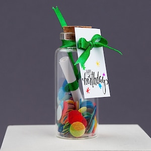 Happy birthday message in a bottle. Funny Birthday Personalized Gift. Custom greeting card in Wish jar