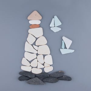 Lighthouse & Sailboats DIY pebble kit for picture-making and kids' crafting. Meaningful Handmade Gift for Beach House decor