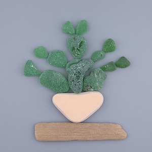 Kit de arte con cactus de vidrio marino: decoración de pared con suculentas verdes en maceta blanca; imagen de vidrio playero sobre madera; regalo para el hogar costero.