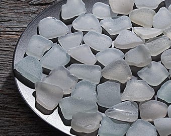 White and blue sea glass wholesale 47pcs, Medium beach glass for crafting, vase filler, Pastel sea glass for suncatcher