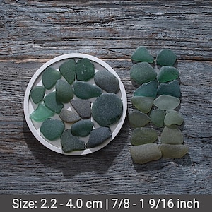 Op de afbeelding: Een verzameling stukken zeeglas in groen- en grijstinten, gepresenteerd op een wit rond dienblad en gerangschikt op een houten oppervlak. De zeeglasstukken variëren in grootte van 2,2 tot 4,0 cm.