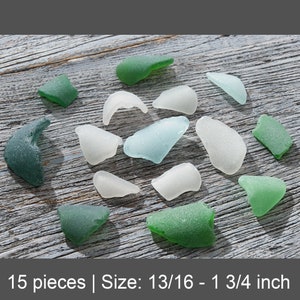 Puede incluir: Quince piezas de vidrio de mar en varios tonos de verde, blanco y azul. Las piezas de vidrio de mar están dispuestas en un círculo sobre una superficie de madera desgastada. El vidrio de mar mide aproximadamente 1 3/4 pulgadas.