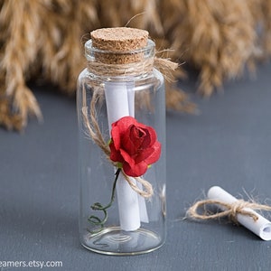 Red rose message in a cork topped bottle, Girlfriend gift, Bridesmaid Proposal, Flower Girl Invitation, Baby Announcement / Keepsake gift