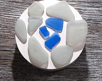 Gray and ultramarine beach glass 10pcs, Rare beach glass art crafting, Collectible Cobalt authentic sea glass, Beach jewellery supplies