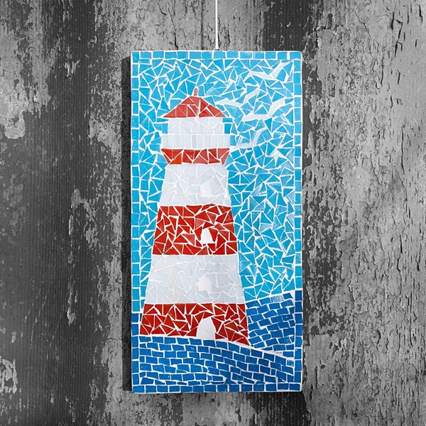 Lighthouse mosaic Wall hanging Home decor Nautical Blue red white mosaic Maritime art Wall decor Unique gift Large art work