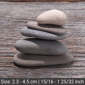 Puede incluir: Una pila de cinco piedras lisas, grises y blancas, equilibradas una encima de la otra, sobre una superficie de madera. Tamaño: 2,3 - 4,5 cm | 15/16 - 1 25/32 pulgadas