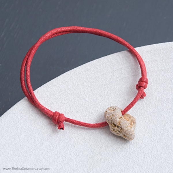 Red cord Hag stone bracelet, Friendship gift, Hippie chic Beach rock bracelet, Lucky Wish bracelet, Holed stone adjustable bracelet