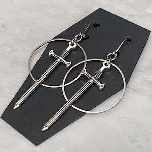 Gothic Sword Earrings, Sword and Hoop, Modern Gothic Hoop Earrings, Loop Earring, Medieval Sword, Silver Dagger Earrings.
