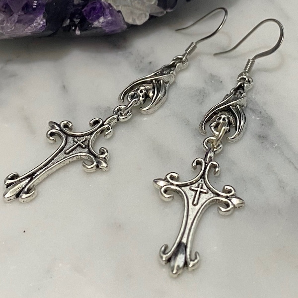 Gothic Vampire Earrings, Silver Cross Jewelry, Vampire Bat, Drop Earrings, Gothic Jewelry, Hanging bat, Stainless Steel Ear wire