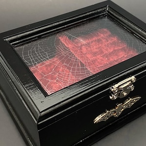 Preserved Spider Web Jewelry Box, Gothic Jewelry Box, Genuine Spiderweb, Glass lid Jewelry Display, Filigree Bat, Red Velvet