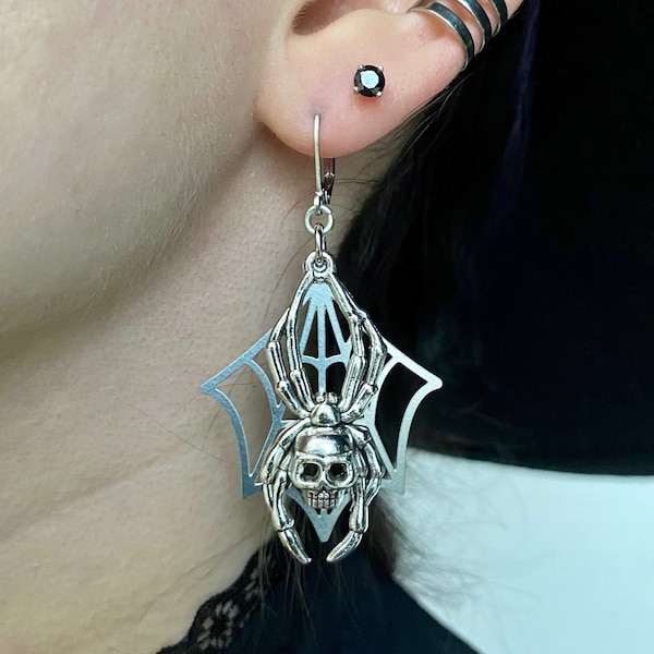 Gothic Skull Spider Earrings: Stainless Steel Spiderweb Lever Backs