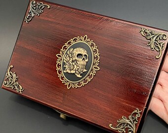 Gothic Skull Cameo Jewelry Box, Sugar Skull and Roses, Jewelry Box, Mahogany Jewelry Chest, Black Velvet Lined.