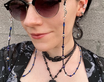 Starry Night Eyeglass Chain: Iridescent Celestial Blue Beads - Customizable Charms