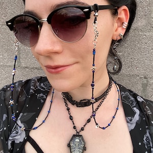 Starry Night Eyeglass Chain: Iridescent Celestial Blue Beads - Customizable Charms