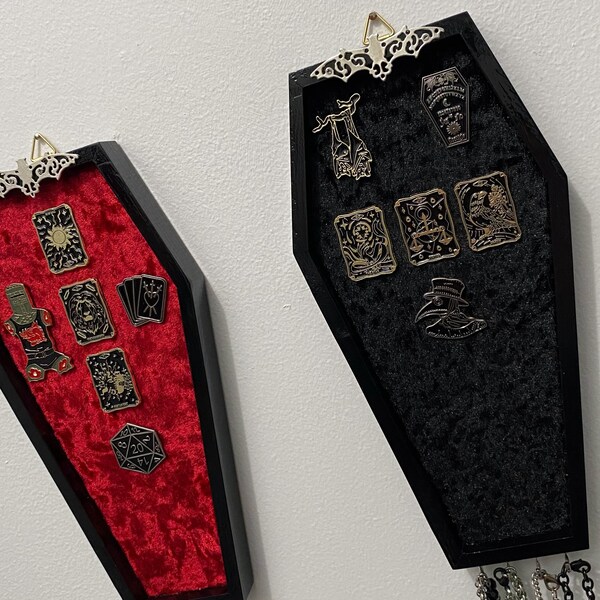 Coffin Pin Board, Black Coffin Bedroom Decor, 9 inch Pin board with necklace hooks, Velvet Lined Pin Display, Gothic Pin Display Storage