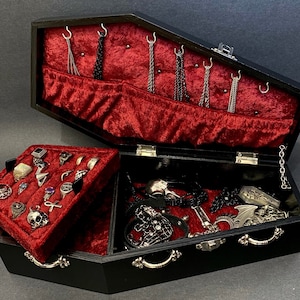 Gothic Coffin Jewelry Box, Red Velvet Lined Ring Tray, 12 inch, Vampire Decor