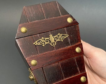 Coffin Ring Box, Vampire Coffin, Brass and Mahogany, Black Velvet, Ring Storage, Memento Mori, Gothic Jewelry Box, 6 1/4 inches tall