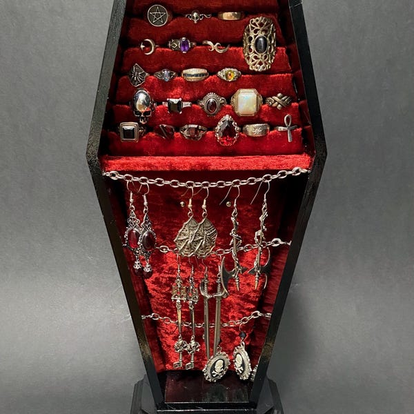 Coffin Jewelry Organizer, Red Velvet, Standing Coffin Jewelry Box, Open Coffin Jewelry Display Box, Gothic Home Decor, Gothic Jewelry Box