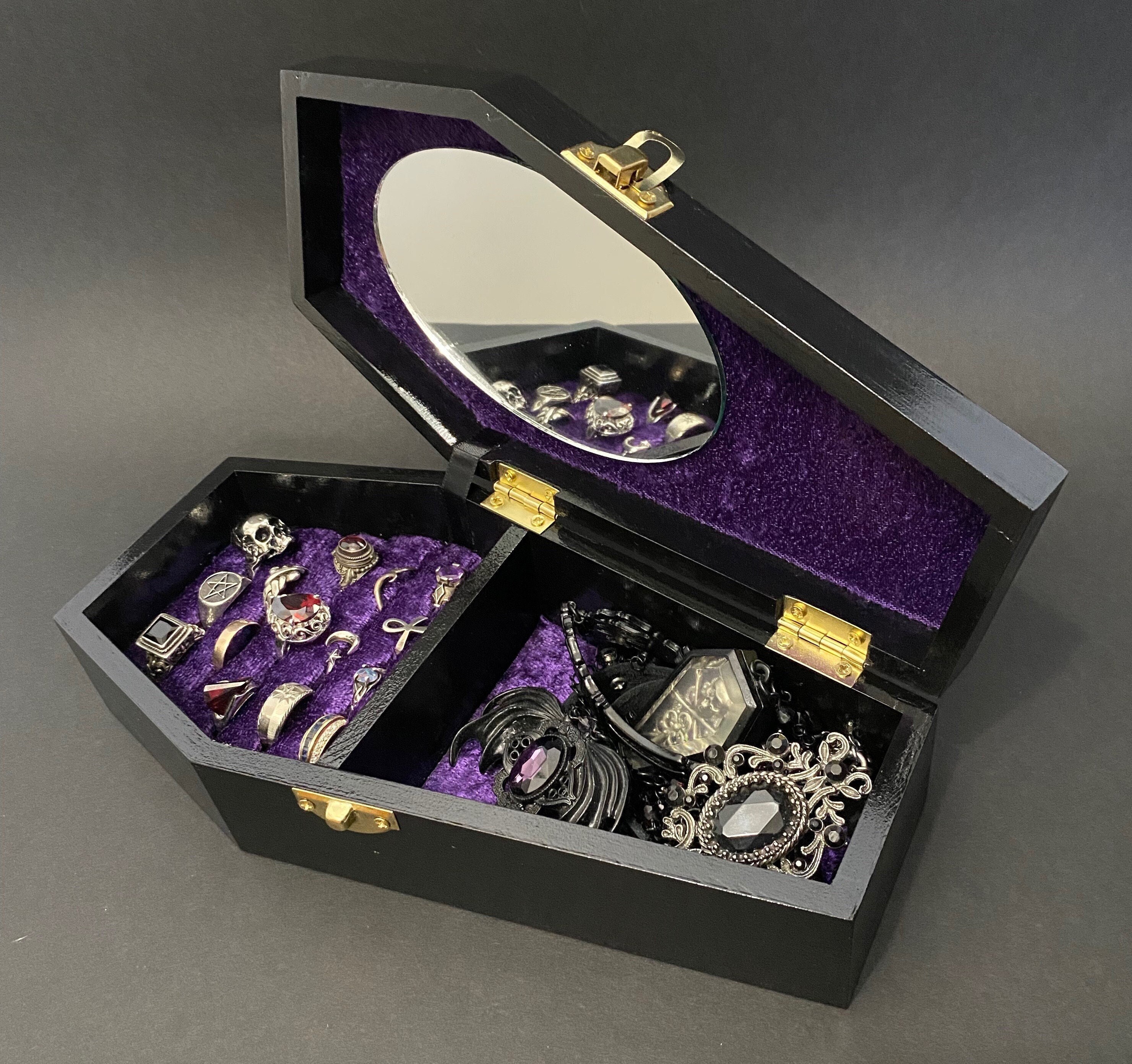 Black and Gold Skull Mirrored Jewelry Box, Gothic Decor - Oddities