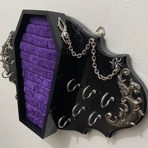 Coffin Plaque Jewelry Organizer, Victorian Gothic Plaque Wall-hanger, Gothic Decor Jewelry Organizer, Skull Spider, Purple Velvet