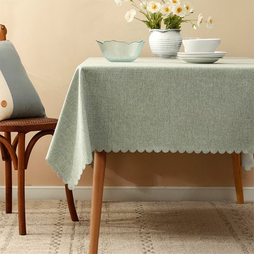 Sage Scalloped Solid Color Tablecloth Wrinklefree Washable Etsy