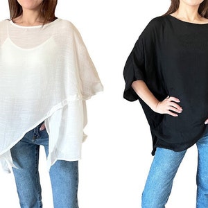 Kimono Sleeve Asymmetrical Irregular Hem Cotton-Linen Boat Neck Loose Tunic Blouse - 2 Colors: Black, White