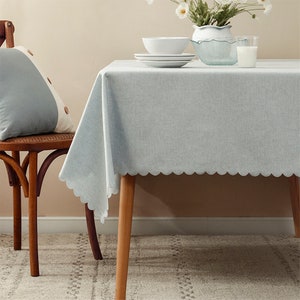 Light Blue Scalloped Solid Color Tablecloth Wrinkle-Free Washable Table Cover for Indoor Outdoor Everyday Use - 6 Sizes Available