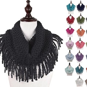 Womens Winter Warm Solid Soft Cozy Mini Tube Infinity Scarf With Fringe, Many Colors