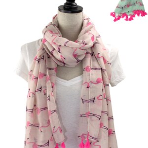 Women Flamingo Tassels Soft Lightweight Cotton Scarf Shawl, 2 Colors