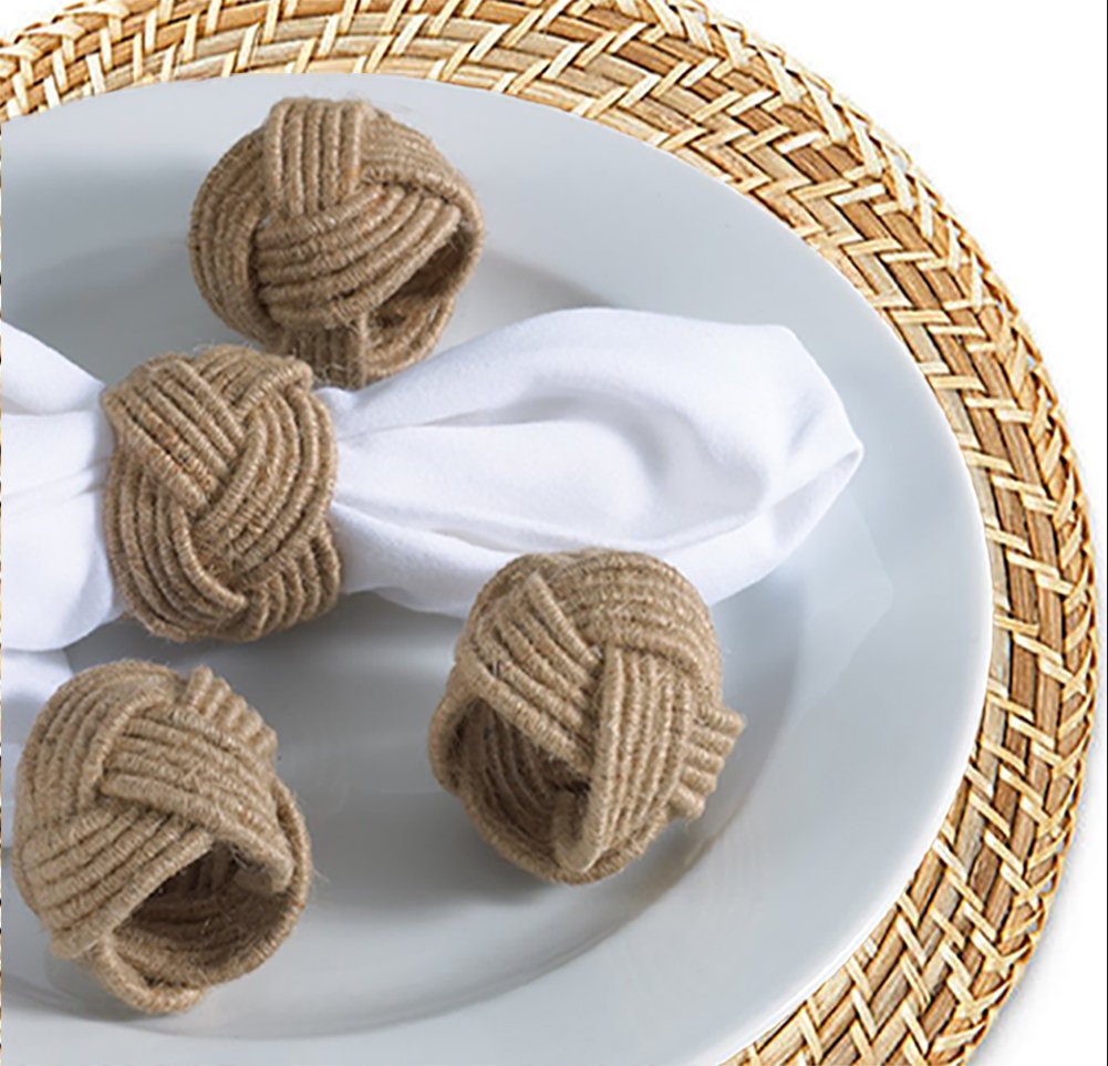Cream Wooden Napkin Rings with Woven Jute Beaded Tassel
