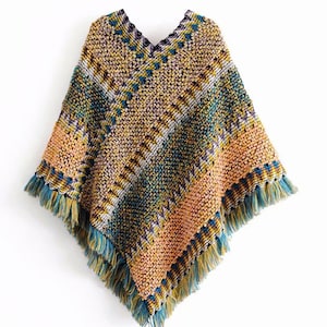 Irregular Knit Pullover Fringed Poncho Sweater - Soft Wrap Cape Shawl - Green-Yellow-Orange