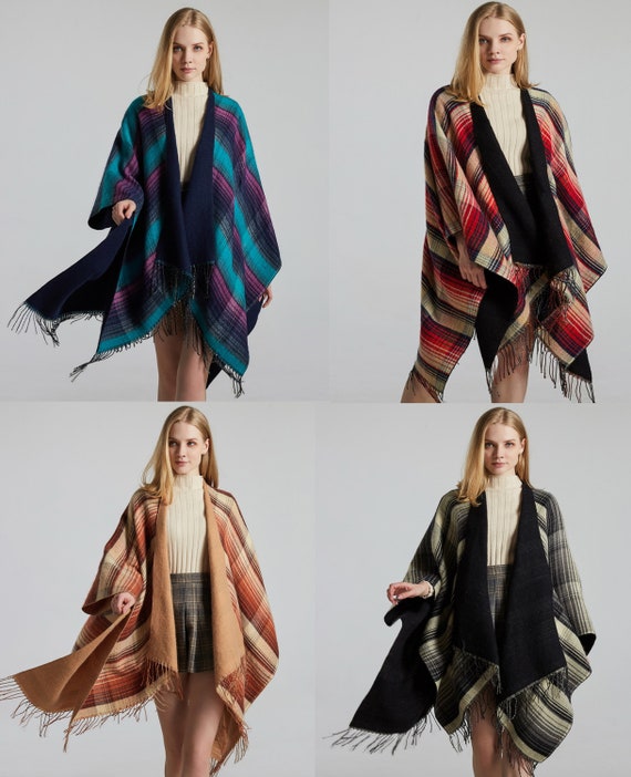 Reversible Plaid Fringe Knit Open Front Poncho Cape Oversized - Etsy
