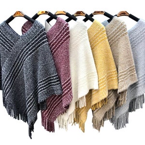 Knit V-Neck Fringe Cozy Women Poncho Pullover Lightweight Sweater - 6 Colors