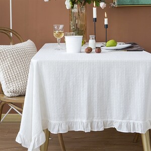 French Ruffle Trim Cotton Woven Tablecloth, Modern Table Cover for Everyday Use, Special Events, Home Decor, 5 Sizes & 2 Colors