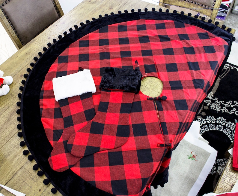 Napkins Buffalo Plaid Red and Black with Velvet Pom Pom Trim Design Christmas Tree Skirt Table Runner Pillow
