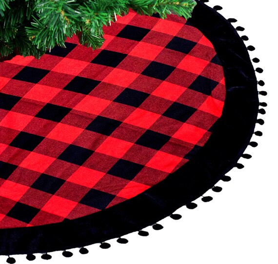 Buffalo Plaid Red And Black With Velvet Pom Pom Trim Design Etsy