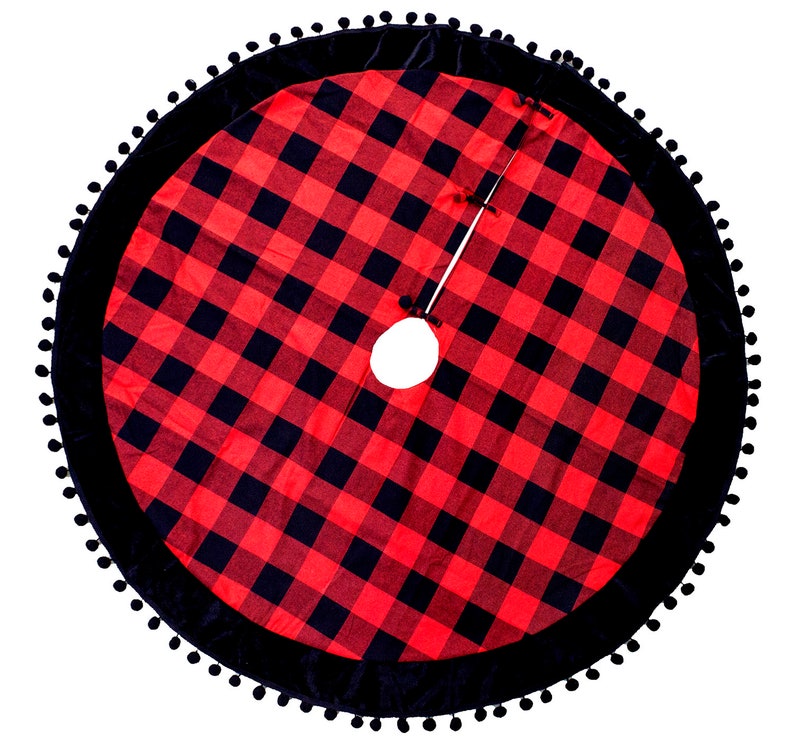 Napkins Buffalo Plaid Red and Black with Velvet Pom Pom Trim Design Christmas Tree Skirt Table Runner Pillow