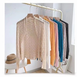 Hollow Bolero Crochet Shrug Long Sleeve Women Cardigan Soft Sweater Open Front Cape Shawl - 7 Colors Available