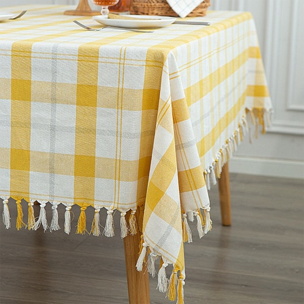 Farmhouse Yellow White Shimmery Cotton Blend Woven Tablecloth with Tassels - Plaid able Cover for Dining Décor Everyday Use - 5 Sizes