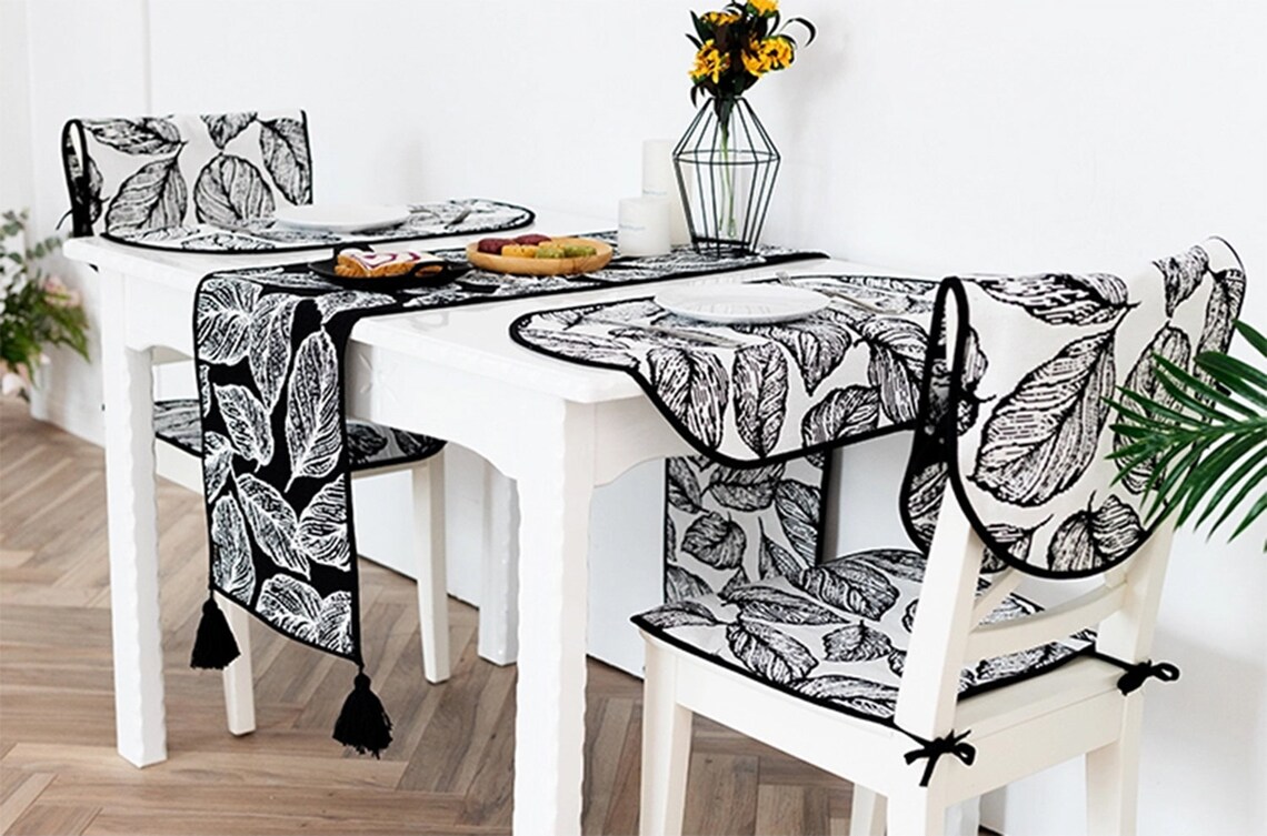 Black & White Woven Table Runner Oval Cotton Placemats for Etsy