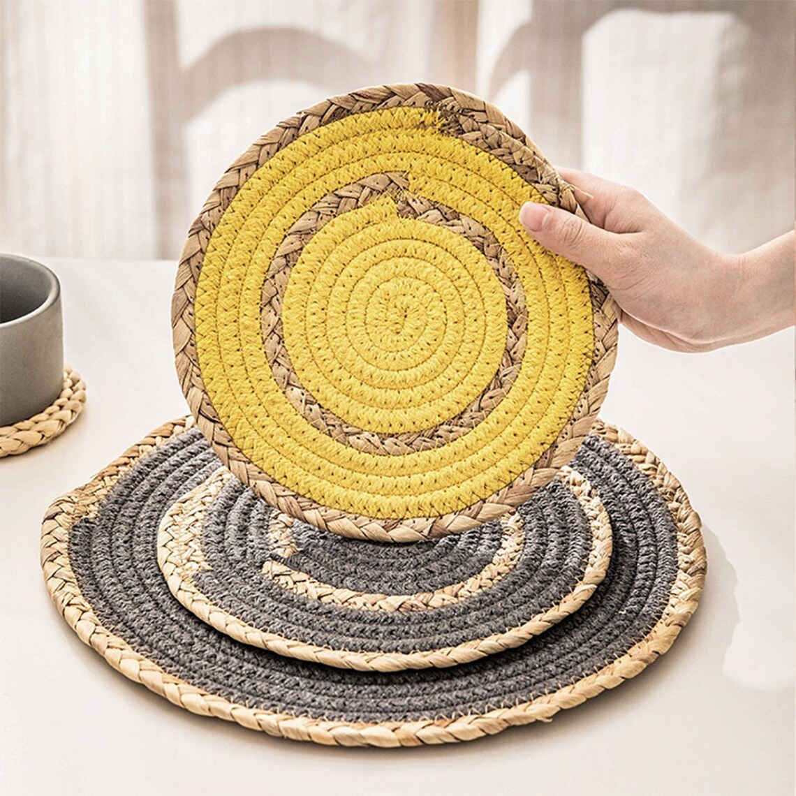 Hand Woven Rattan Cotton Rope Round Placemats Set of 4 Etsy